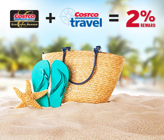 Image of flip flops on a beach with a straw beach bag and a Costco Executive Membership Card + Costco Travel Logo = 2%
