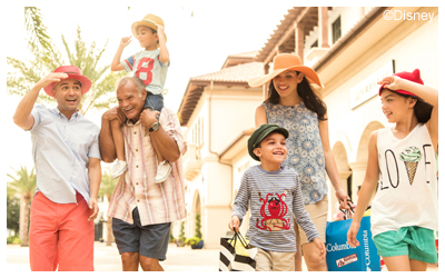 Image of a family of six walking with shopping bags in hand.