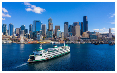 Seattle Ferry approaching downtown Seattle midday