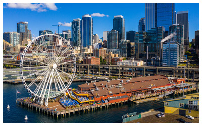 Aerial view overlooking the Seattle Great Wheel and waterfront.