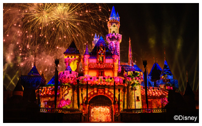 Sleeping Beauty's Castle at night with fireworks.